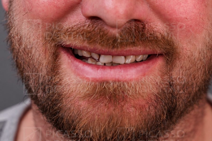 Before: misaligned and discoloured teeth prior to veneer treatment