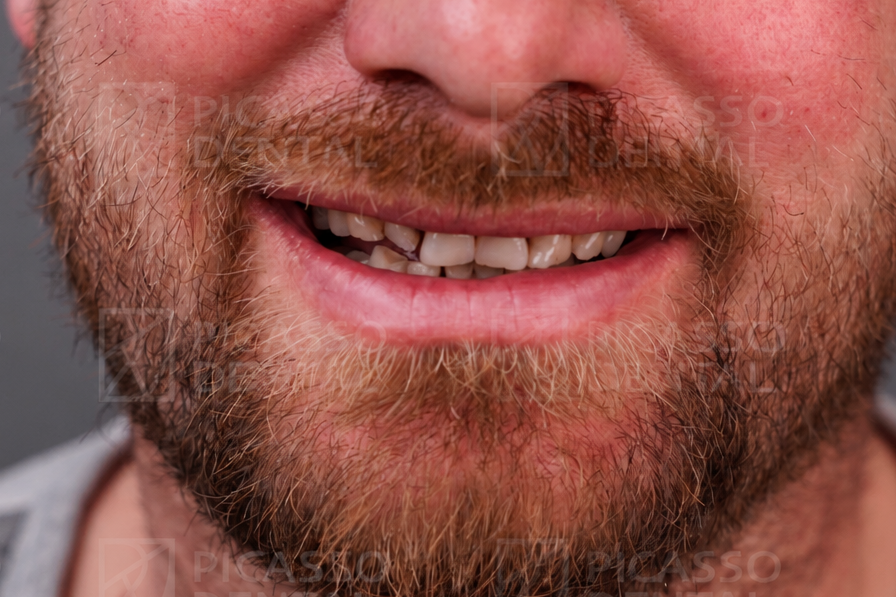 Before: misaligned and discoloured teeth prior to veneer treatment